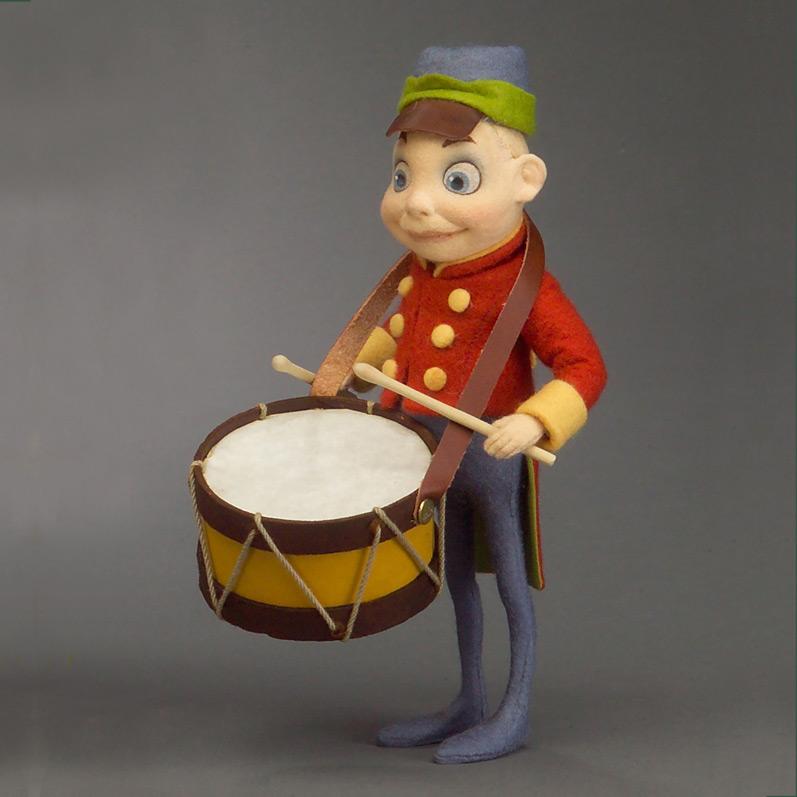 Drum Brownie felt doll dressed as drummer for marching band