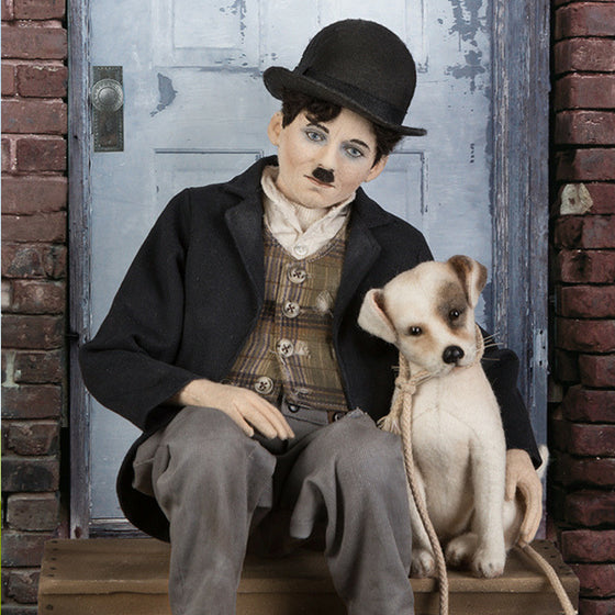 Charlie Chaplin molded felt doll with Scraps the dog