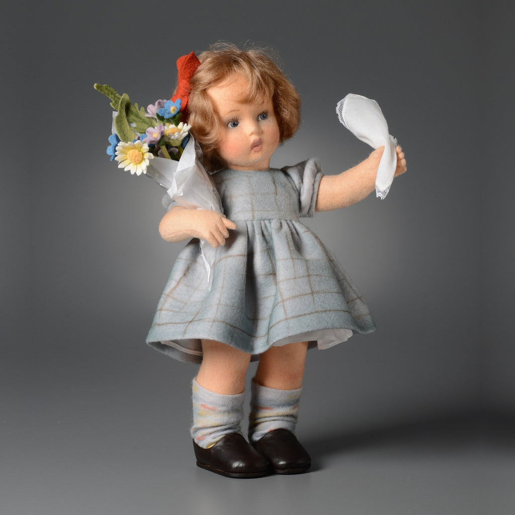 Bon Voyage - hand crafted felt doll in blue dress and red hair ribbon