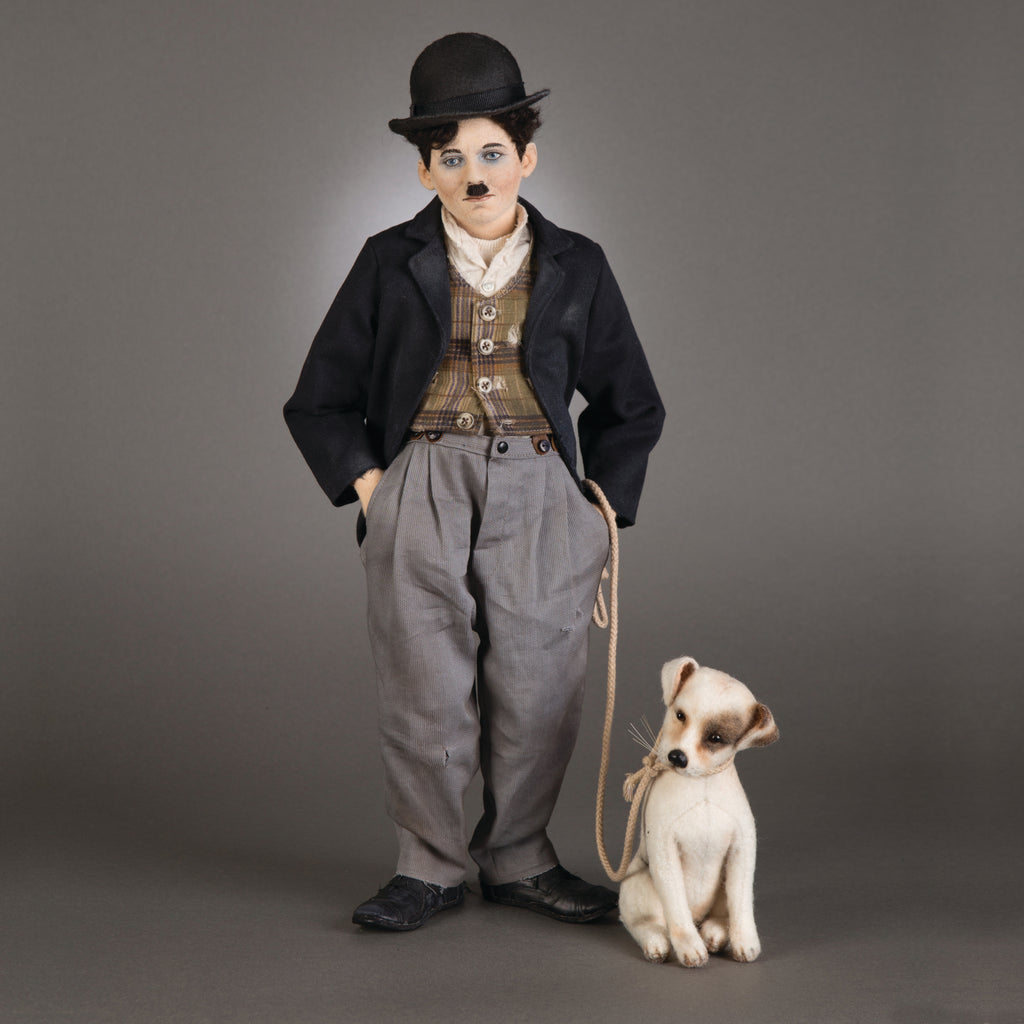 Charlie Chaplin molded felt doll with Scraps the dog