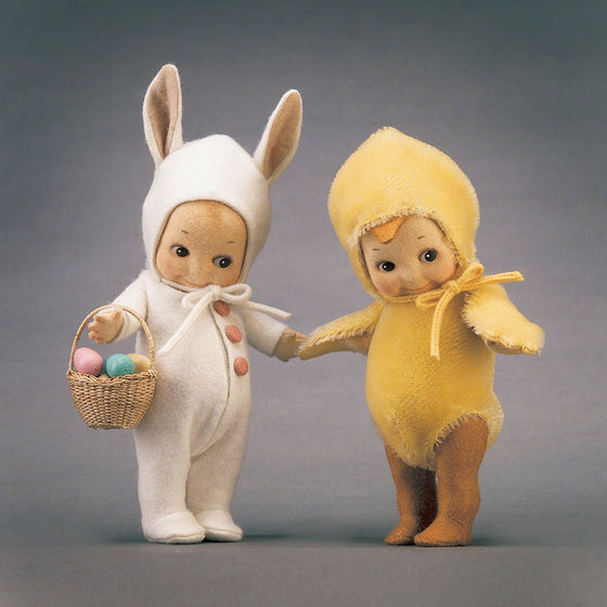 Bunny & Chick Kewpies® felt dolls dressed as a bunny and chick