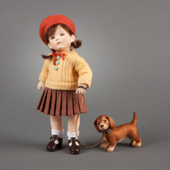 Fall - molded felt doll girl with puppy